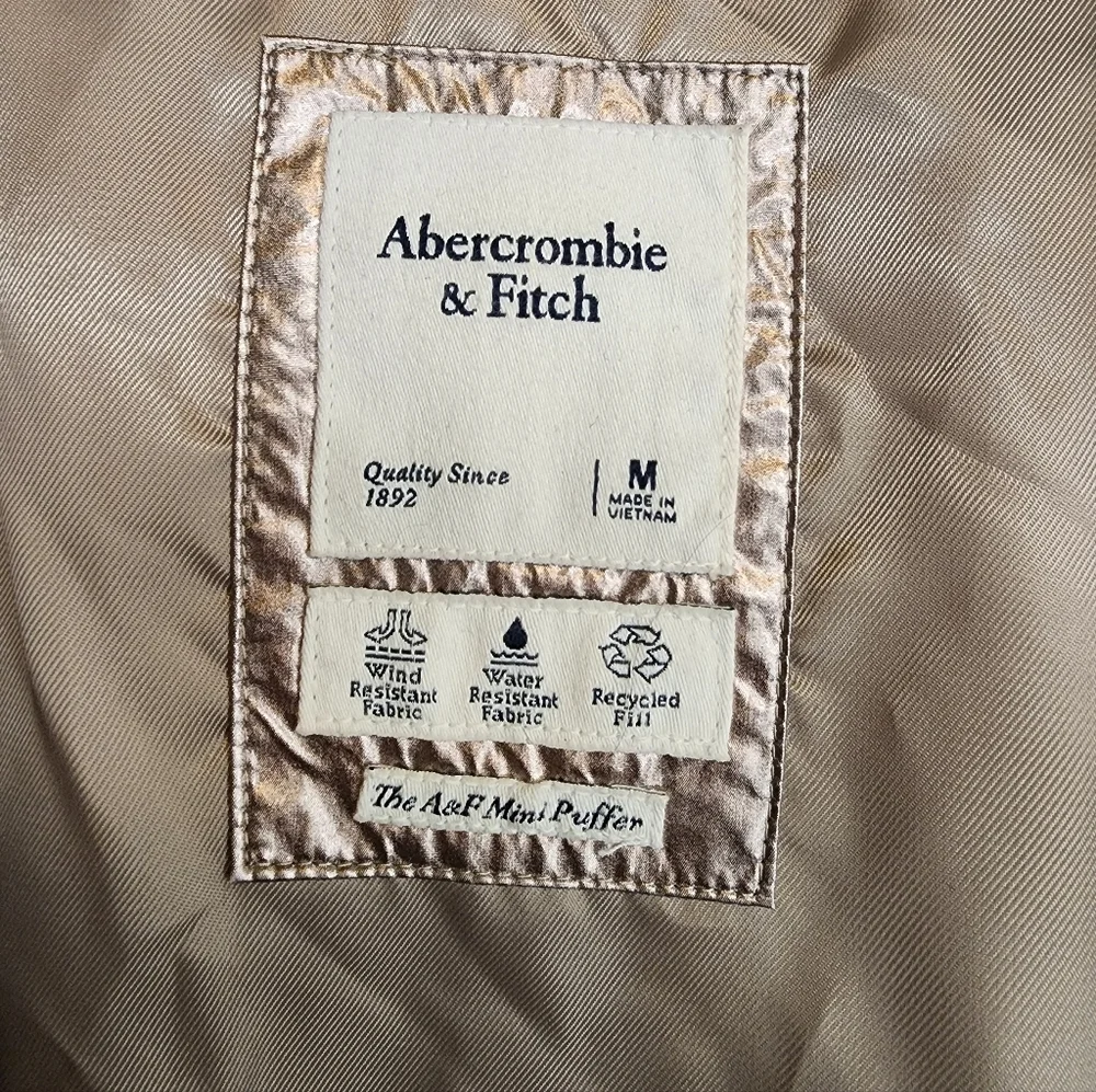 Abercrombie & Fitch Metallic Gold Mini Puffer Jacket - Size M